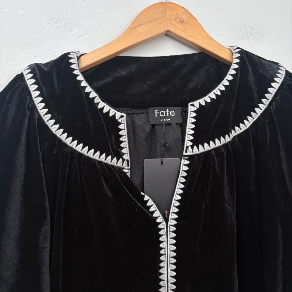 Fate Puff Sleeve Embroidered Velvet Top Women Size Medium Black New - Picture 3 of 12